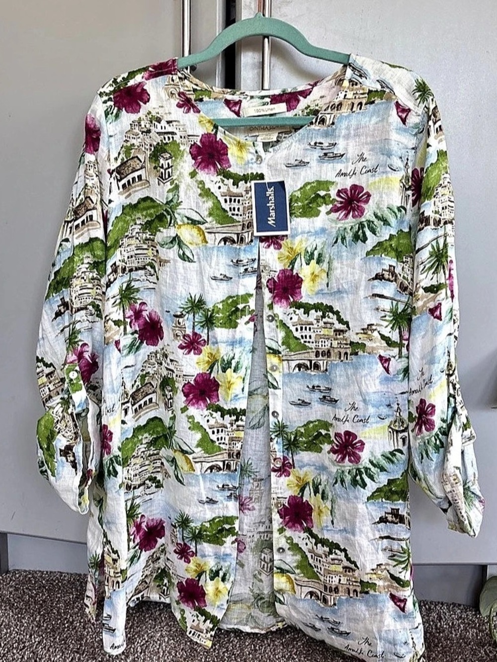 Cynthia Rowley Amalfi Coast Linen Tunic Top Floral White & Blue Medium